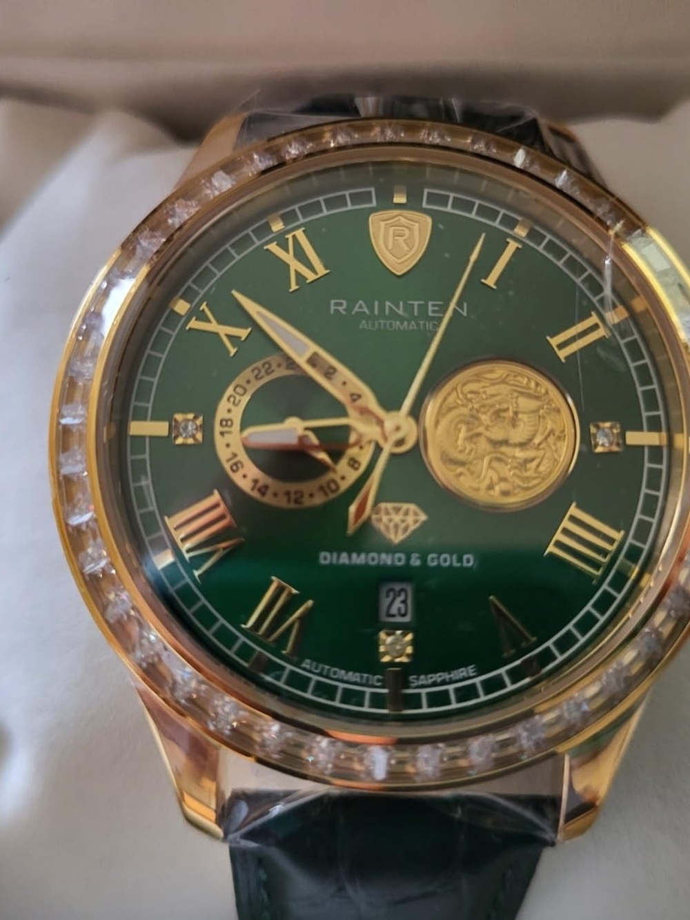 Men's Green Dial Automatic Watch with Gold Accents